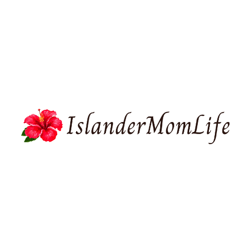 IslanderMomLife Logo in Charm Text Style and a Pink gumamela flower on the left side of the text